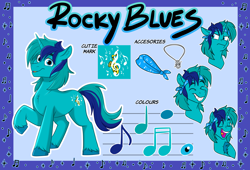 Size: 3300x2250 | Tagged: safe, artist:rutkotka, imported from derpibooru, oc, oc only, oc:rocky blues, pony, unicorn, accessory, bandana, bust, color palette, commission, commissioner:legionofblues, cutie mark, horn, jewelry, male, music notes, necklace, portrait, reference sheet, singing, smiling, stallion, stallion oc, unicorn oc