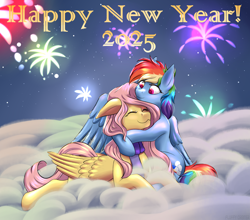 Size: 2976x2615 | Tagged: safe, artist:fluffyorbiter, imported from derpibooru, fluttershy, rainbow dash, pegasus, pony, :3, ^^, clothes, cloud, comforting, cuddling, cute, daaaaaaaaaaaw, dashabetes, eyes closed, eyes open, female, fireworks, floppy ears, flutterdash, folded wings, happy new year, happy new year 2025, heart, heart eyes, holiday, hug, lesbian, looking at someone, loving gaze, lying down, mane, multicolored mane, multicolored tail, neck hug, new year, new years eve, night, on a cloud, one wing out, pink mane, pink tail, prone, scarf, shipping, shyabetes, sitting, smiling, snuggling, tail, wingding eyes, winghug, wings