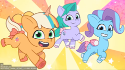 Size: 2160x1215 | Tagged: safe, imported from derpibooru, screencap, earth pony, pegasus, pony, unicorn, leak, spoiler:g5, spoiler:my little pony: tell your tale, bedazzled, bedazzled cutie mark, bow, cute, female, filly, foal, g5, glory (g5), glorydorable, horn, my little pony: tell your tale, open mouth, open smile, peach fizz, peachsweet, pippsqueak trio, pippsqueaks, rainbows rollercoasters and the hopalottas, seashell (g5), shellabetes, smiling, tail, tail bow, trio, trio female