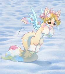 Size: 2656x3000 | Tagged: safe, artist:melodylibris, imported from derpibooru, oc, oc only, pegasus, pony, clothes, colored wings, eye clipping through hair, female, flying, heterochromia, looking down, mare, scarf, snow, solo, spread wings, starry eyes, striped scarf, unshorn fetlocks, wingding eyes, wings