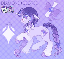 Size: 1838x1682 | Tagged: safe, artist:pinxpony, imported from derpibooru, oc, oc only, oc:diamond degree, pony, unicorn, braid, braided tail, brooch, colored hooves, colored pinnae, colored pupils, eyeshadow, female, floppy ears, fusion, fusion:rarity, fusion:twilight sparkle, glasses, glasses chain, gradient legs, gradient mane, gradient tail, hooves, horn, jewelry, lidded eyes, makeup, mare, purple eyes, purple eyeshadow, raised hoof, shiny hooves, solo, sparkly legs, tail, unicorn oc, unshorn fetlocks