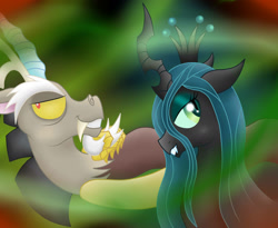 Size: 1828x1500 | Tagged: safe, artist:pikashoe90, imported from derpibooru, discord, queen chrysalis, changeling, changeling queen, draconequus, 2012, duo, female, male, old art