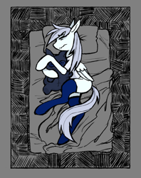 Size: 972x1230 | Tagged: safe, artist:unicornlobotomy, imported from derpibooru, oc, oc only, oc:icy (unicornlobotomy), pegasus, pony, bed, blue socks, clothes, eyes closed, folded wings, frown, gray background, gray mane, gray tail, grey hair, pegasus oc, pillow, plushie, shirt, simple background, sleeping, socks, thigh highs, white shirt, wings