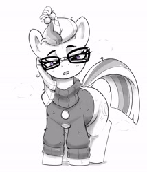 Size: 2758x3217 | Tagged: safe, artist:pabbley, imported from derpibooru, moondancer, pony, unicorn, clothes, female, glasses, horn, monochrome, open mouth, simple background, sleepy, solo, sweat, white background