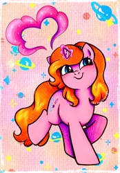 Size: 2169x3111 | Tagged: safe, artist:dariarchangel, imported from derpibooru, oc, oc only, oc:dazha, pony, unicorn, adorable face, blue eyes, blushing, c:, cute, cute face, cute smile, daaaaaaaaaaaw, female, female oc, glowing, glowing horn, hairband, happy, hnnng, horn, magic, magic aura, mare, mare oc, ocbetes, orange hair, orange mane, orange tail, passepartout, patterned background, pink coat, planet, pony oc, raised hoof, small horn, smiling, solo, sparkles, standing, standing on two hooves, tail, traditional art, unicorn oc, weapons-grade cute