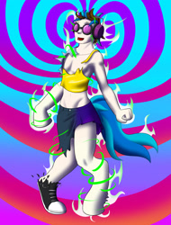 Size: 2400x3150 | Tagged: safe, artist:boundbrush, imported from derpibooru, dj pon-3, vinyl scratch, human, pony, clothes, commission, converse, disappearing clothes, goggles, headphones, high res, human to pony, magic, mid-transformation, open mouth, shoes, smiling, solo, transformation