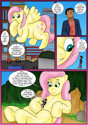 Size: 2480x3508 | Tagged: safe, artist:tf-plaza, imported from derpibooru, fluttershy, human, inflatable pony, pegasus, pony, boulder, building, car, city, comic, commission, commissioner:ltcolonelwhipper, dialogue, duo focus, eyes closed, female, flying, forest, friends, high res, hoof over mouth, human male, human to pony, inflatable, living inflatable, looking at each other, looking at self, looking at someone, looking down, looking up, lying down, lying on top of someone, macro, male, male to female, mare, misspelling, nature, oh my, on back, outdoors, rule 63, seams, size difference, smiling, speech bubble, spread wings, street, transformation, transformation sequence, transformed, transgender transformation, tree, truck, underhoof, warehouse, wings