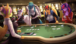 Size: 2900x1700 | Tagged: safe, artist:serodart, imported from derpibooru, oc, oc only, oc:izma acid, oc:lina phantom, oc:mollydv, oc:silri whiteriver, anthro, original species, pegasus, unicorn, card, card game, casino, chips, clothes, commission, croupiere, female, food, glass, horn, jacket, leather, leather jacket, poker, poker chips, room, shirt, t-shirt, table, tracksuit, vest