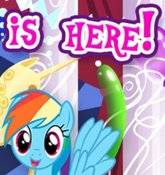 Size: 320x339 | Tagged: safe, imported from derpibooru, rainbow dash, pegasus, pony, balloon, canterlot castle, canterlot castle interior, cropped, english, female, gameloft, indoors, looking at you, mare, meme, solo, statue, text, wings, wow! glimmer