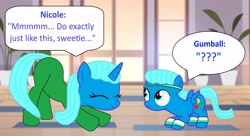 Size: 4194x2280 | Tagged: safe, artist:memeartboi, imported from derpibooru, pegasus, pony, unicorn, beautiful, clothes, colt, confused, cute, duo, duo male and female, eyes closed, eyes open, female, foal, gumball watterson, horn, indoors, learn, learning, leotard, little boy, looking up, lower body, lowering, male, mare, mother, mother and child, mother and son, motherly, nicole watterson, pegasus wings, ponified, question mark, smiling, speech bubble, sports outfit, spread hooves, spread wings, stretch, stretching, text, the amazing world of gumball, unicorn horn, unitard, wings, yoga, yoga mat, yoga pose