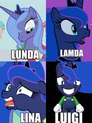 Size: 1536x2048 | Tagged: safe, editor:umsx, imported from derpibooru, screencap, princess luna, alicorn, pony, a royal problem, between dark and dawn, friendship is magic, luna eclipsed, caption, image macro, luigi, meme, my little pony, shitposting, solo, super mario, text