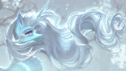 Size: 1080x612 | Tagged: safe, artist:reminati_27, imported from derpibooru, oc, oc only, pony, unicorn, chest fluff, draw this in your style, ear piercing, earring, female, horn, jewelry, mare, piercing, smiling, snow, snowfall, solo