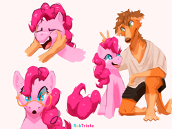 Size: 4000x3000 | Tagged: safe, artist:robtriste, imported from derpibooru, pinkie pie, anthro, dog, earth pony, pony, borzoi, bunny ears (gesture), cheek rub, duo, furry, glasses, happy, high res, open mouth, open smile, simple background, sitting, smiling