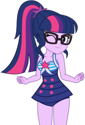 Size: 1351x1992 | Tagged: safe, artist:star-armour95, artist:yaya54320bases, imported from derpibooru, sci-twi, twilight sparkle, human, equestria girls, bare shoulders, bikini, breasts, busty sci-twi, clothes, cute, equestria girls specials, female, glasses, midriff, my little pony equestria girls: better together, my little pony equestria girls: forgotten friendship, one eye closed, one-piece swimsuit, sci-twi swimsuit, simple background, sleeveless, smiling, solo, swimsuit, transparent background, twiabetes, vector, wink