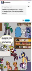 Size: 1354x2952 | Tagged: safe, artist:ask-luciavampire, imported from derpibooru, oc, bat pony, earth pony, pegasus, pony, undead, unicorn, vampire, vampony, anime and manga, ask, horn, japanese snacks, multiple heads, tumblr, two heads