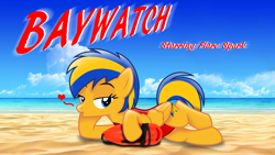 Size: 3840x2160 | Tagged: safe, artist:ejlightning007arts, imported from derpibooru, oc, oc only, oc:flare spark, pegasus, pony, baywatch, clothes, female, kissing, lidded eyes, lifeguard, lying down, mare, on side, one-piece swimsuit, pegasus oc, red swimsuit, solo, swimsuit, vector, wings