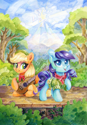 Size: 1051x1500 | Tagged: safe, artist:maytee, imported from derpibooru, applejack, coloratura, earth pony, pony, the mane attraction, colored pencil drawing, duo, duo female, female, filly, filly applejack, filly coloratura, foal, guitar, musical instrument, my little pony, scene interpretation, singing, traditional art, younger, younger applejack, younger coloratura