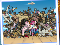 Size: 2000x1500 | Tagged: safe, artist:scarletdex8299, imported from derpibooru, pinkie pie, prince rutherford, anthro, earth pony, griffon, unguligrade anthro, yak, 1930s, aircraft, aviator goggles, bouquet, crossover, crowd, fio piccolo, flower, flying boat, freeze frame, goggles, grenade, gun, handgun, machine gun, ocean, photo, pilot, pirate, pistol, porco rosso, pose, seaplane, sky, studio ghibli, water, weapon