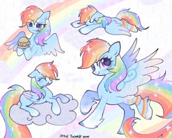 Size: 2048x1638 | Tagged: safe, artist:petaltwinkle, imported from derpibooru, rainbow dash, pegasus, pony, :p, burger, coat markings, colored, eyebrows, eyebrows visible through hair, female, folded wings, food, imminent consumption, licking, licking lips, long tail, mare, socks (coat markings), solo, spread wings, tail, tongue out, wings