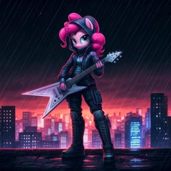 Size: 1024x1024 | Tagged: safe, generator:nightcafe ai, imported from twibooru, pinkie pie, ai content, ai generated, cyberpunk, generator:google imagen 3.0, image, music, needs more jpeg, ninja