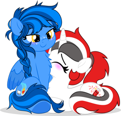 Size: 5232x5000 | Tagged: safe, artist:jhayarr23, imported from derpibooru, oc, oc:blue bolt, oc:red rocket, pegasus, pony, unicorn, blushing, chest fluff, commission, cutie mark, duo, duo female, eyes closed, female, freckles, horn, lying down, mare, pegasus oc, ponyloaf, ponytail, prone, sitting, smiling, unicorn oc, wings, ych result