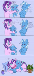 Size: 4274x9510 | Tagged: safe, artist:chub-wub, imported from derpibooru, phyllis, starlight glimmer, trixie, pony, unicorn, bipedal, blushing, comic, cup, dialogue, duo, duo female, eyes closed, eyes open, female, floppy ears, grammar error, grin, horn, human shoulders, lesbian, looking at each other, looking at someone, mare, open mouth, plant, plushie, pony plushie, shipping, smiling, speech bubble, startrix, talking