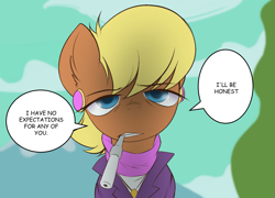 Size: 1991x1436 | Tagged: safe, artist:maretheory.exe, imported from derpibooru, ms. harshwhinny, pony, female, looking at you, mare, mouth hold, solo, speech bubble