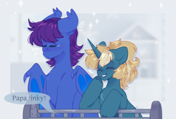 Size: 2200x1500 | Tagged: source needed, safe, artist:cofiiclouds, imported from derpibooru, oc, oc:keygun, oc:maple parapet, bat pony, unicorn, crib, foal, horn, offscreen character, parent, smiling, snickering