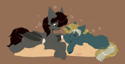 Size: 3824x1957 | Tagged: source needed, safe, artist:redcofu, imported from derpibooru, oc, oc:midnight dubhghlas, oc:wooded bastion, bat pony, unicorn, blushing, horn, male, pillow, sleeping, stallion