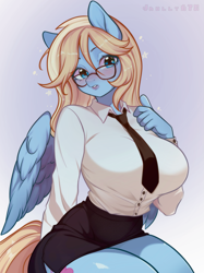 Size: 1969x2637 | Tagged: safe, artist:jrolly678, imported from derpibooru, oc, oc:lusty symphony, anthro, pegasus, anthro oc, big breasts, blushing, breasts, button-up shirt, clothes, commission, dress shirt, female, glasses, huge breasts, looking at you, necktie, pegasus oc, shirt, skirt, solo, thighs, wings