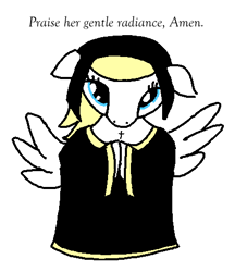 Size: 423x490 | Tagged: safe, artist:purblehoers, imported from derpibooru, princess celestia, pegasus, pony, ms paint, nun, praise the sun, praying, religion, simple background, solo, spread wings, text, white background, wings