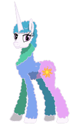 Size: 640x1048 | Tagged: safe, artist:visserex52, imported from derpibooru, princess celestia, alicorn, hybrid, llama, pony, unicorn, female, fluffy, horn, long horn, long legs, mare, tall, wingless