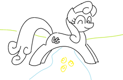 Size: 1535x995 | Tagged: safe, artist:purblehoers, imported from derpibooru, linky, shoeshine, bird, duck, earth pony, pony, duckling, female, mare, ms paint, river, simple background, sketch, smiling, solo, stream, water, white background