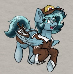 Size: 1138x1165 | Tagged: safe, artist:reddthebat, imported from derpibooru, oc, oc:alaska (reddthebat), ghost, ghost pony, pegasus, pony, undead, bag, cap, clothes, eyebrows, eyebrows visible through hair, female, hat, mailbag, mailmare, mare, open mouth, open smile, saddle bag, signature, smiling, solo, uniform