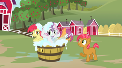 Size: 1280x720 | Tagged: safe, imported from derpibooru, screencap, apple bloom, babs seed, scootaloo, sweetie belle, earth pony, pegasus, pony, unicorn, one bad apple, apple, apple tree, bath, bathing, bathing together, bubble, cute, female, filly, foal, food, freckles, horn, my little pony, outdoor bathing, outdoors, raised hoof, tree, washtub, wet, wet mane, wet mane apple bloom, wet mane scootaloo, wet mane sweetie belle