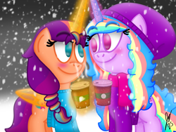 Size: 2160x1620 | Tagged: safe, artist:jesslmc16, imported from derpibooru, izzy moonbow, sunny starscout, alicorn, pony, unicorn, alicornified, artificial horn, artificial wings, augmented, beanie, blushing, clothes, coffee, duo, duo female, female, folded wings, g5, hat, horn, izzy rainbow, lesbian, levitation, looking at each other, looking at someone, looking at you, magic, magic horn, magic wings, mane stripe sunny, mare, moonscout, race swap, scarf, shipping, smiling, smiling at you, snow, sparkles, sunnycorn, sweater, telekinesis, wings