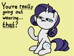 Size: 2048x1561 | Tagged: safe, artist:ewoudcponies, imported from derpibooru, rarity, pony, unicorn, dialogue, does not approve, female, horn, mare, narrowed eyes, questioning, simple background, sitting, solo, yellow background