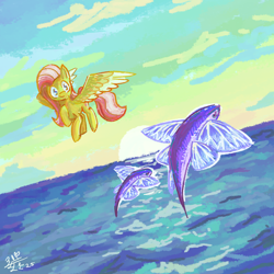 Size: 2600x2600 | Tagged: safe, artist:boxwari, imported from derpibooru, fluttershy, fish, pegasus, pony, flying, ocean, outdoors, solo, spread wings, water, wings