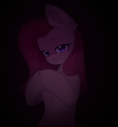 Size: 1236x1328 | Tagged: safe, artist:lerk, imported from derpibooru, pinkie pie, earth pony, pony, black background, chest fluff, ear fluff, female, hooves together, looking at you, mare, pinkamena diane pie, simple background, solo