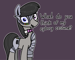 Size: 2048x1631 | Tagged: safe, artist:ewoudcponies, imported from derpibooru, octavia melody, cyborg, earth pony, pony, clothes, costume, dialogue, female, mare, outline, purple background, simple background, solo, talking to viewer, white outline