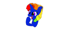 Size: 2259x1080 | Tagged: safe, artist:visserex52, imported from derpibooru, oc, oc:snickerdoodles, unicorn, equestria at war mod, big smile, blue coat, horn, laughing, multicolored hair, pfp, rainbow hair