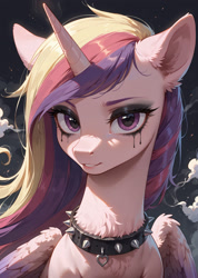 Size: 1776x2496 | Tagged: safe, imported from derpibooru, princess cadance, alicorn, pony, ai composition, ai content, collar, female, horn, looking at you, makeup, mare, prompter:bluetoothworld, running makeup, solo, spiked collar, wings