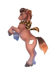 Size: 1024x1348 | Tagged: safe, artist:momoalistair, imported from derpibooru, oc, oc only, oc:dark shield, earth pony, pony, clothes, male, rearing, scarf, simple background, stallion, unshorn fetlocks, white background