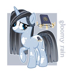 Size: 1074x1133 | Tagged: safe, artist:momoalistair, imported from derpibooru, oc, oc only, oc:gloomy rain, pony, unicorn, abstract background, braid, braided tail, female, horn, mare, reference sheet, tail