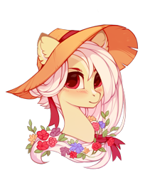 Size: 1350x1600 | Tagged: safe, artist:lispp, imported from derpibooru, oc, oc only, oc:laeticia la pucelle, blushing, bust, female, flower, flower in hair, hat, looking at you, mare, portrait, simple background, solo, straw hat, transparent background