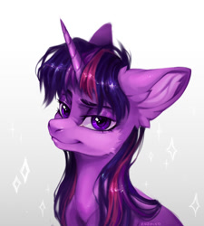 Size: 1348x1500 | Tagged: safe, artist:rozmed, imported from derpibooru, twilight sparkle, pony, unicorn, bust, cheek fluff, ear fluff, female, horn, lidded eyes, looking at you, mare, sitting, smiling, smirk, solo, sparkles, unicorn twilight