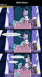 Size: 1920x3516 | Tagged: safe, artist:platinumdrop, imported from derpibooru, aquamarine, princess flurry heart, oc, oc:brave dawn, alicorn, earth pony, pony, comic:dark heart, 3 panel comic, alternate timeline, armor, balancing, bored, collar, colt, comic, commission, crystal, crystal castle, crystal empire, cup, dark crystal, dialogue, evil flurry heart, female, flurry heart is amused, foal, folded wings, glowing, glowing horn, hooficure, horn, indoors, looking at someone, magic, magic aura, male, mare, mouth hold, nail file, older, older aquamarine, older flurry heart, raised hoof, sitting, slave, slave collar, smiling, smug, smug smile, speech bubble, spiked collar, spiked wristband, teacup, teapot, telekinesis, throne, throne room, tray, victorious villain, wings, wristband