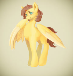 Size: 2061x2151 | Tagged: safe, artist:erein, imported from derpibooru, oc, oc only, oc:yuris, pegasus, pony, brown mane, cute, ears up, female, looking at you, multicolored hair, pegasus oc, pose, simple background, smiling, smiling at you, solo, tail, turquoise eyes, wings