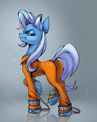 Size: 1100x1377 | Tagged: safe, artist:rozmed, imported from derpibooru, trixie, pony, unicorn, butt, clothes, commissioner:rainbowdash69, concave belly, cufflinks, cuffs, ear fluff, grumpy, horn, horn ring, jewelry, jumpsuit, magic suppression, never doubt rainbowdash69's involvement, plot, prison outfit, prisoner, prisoner tx, ring, shackles, slender, solo, the great and powerful ass, thin