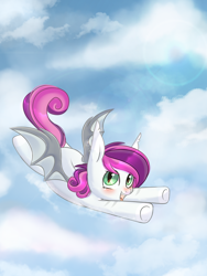 Size: 3000x4000 | Tagged: safe, artist:pesty_skillengton, imported from derpibooru, oc, oc only, unnamed oc, bat pony, pony, bat pony oc, bat wings, cloud, cute, female, flying, sky, solo, wings